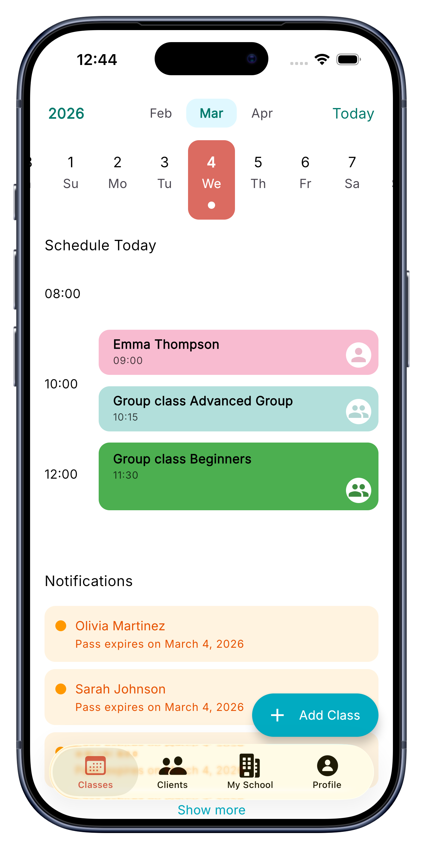 UClass.one app — daily class schedule and upcoming sessions