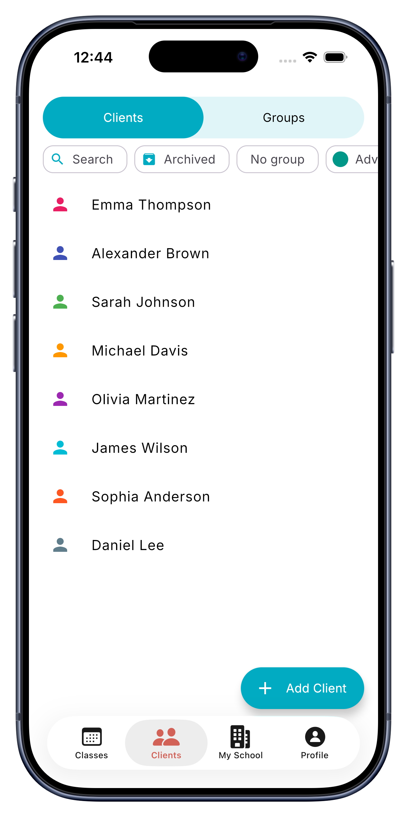Client list in UClass.one — all students at a glance