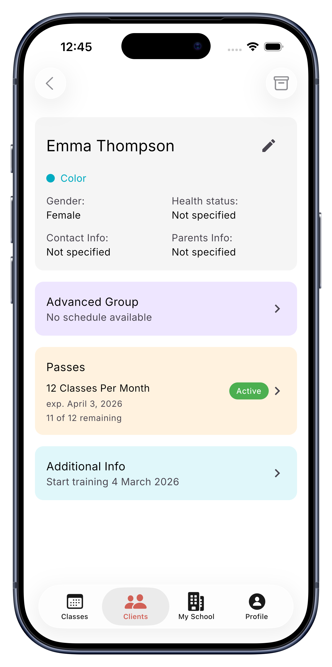 Client detail in UClass.one — profile and pass status
