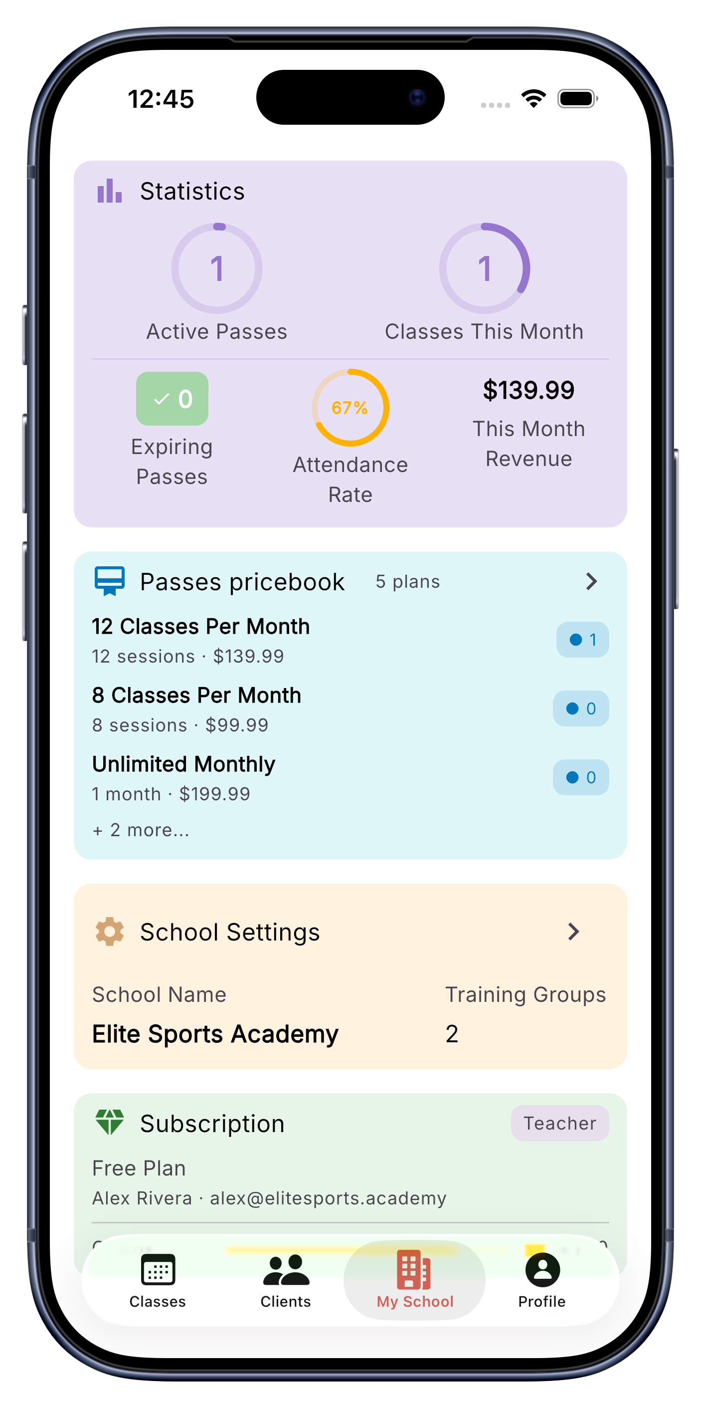 School dashboard in UClass.one — revenue and attendance stats