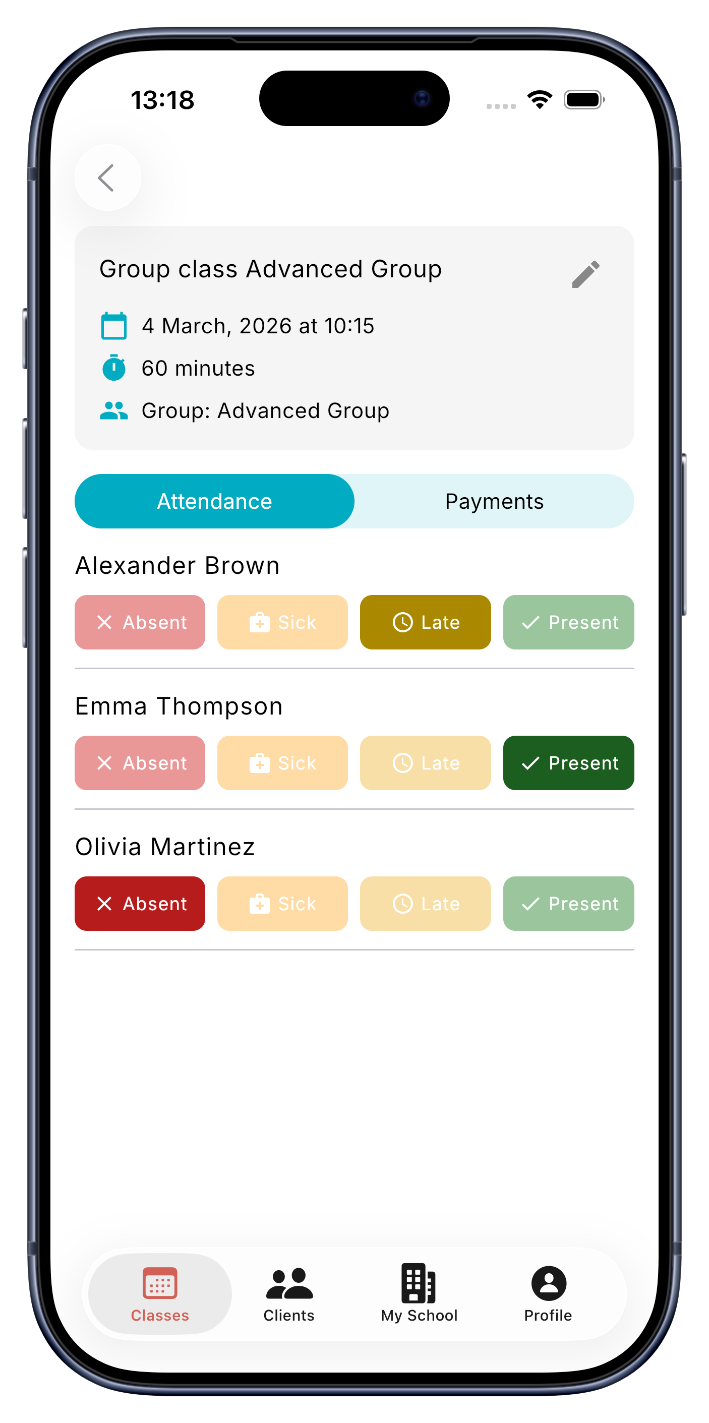 Marking attendance in UClass.one — one tap per student